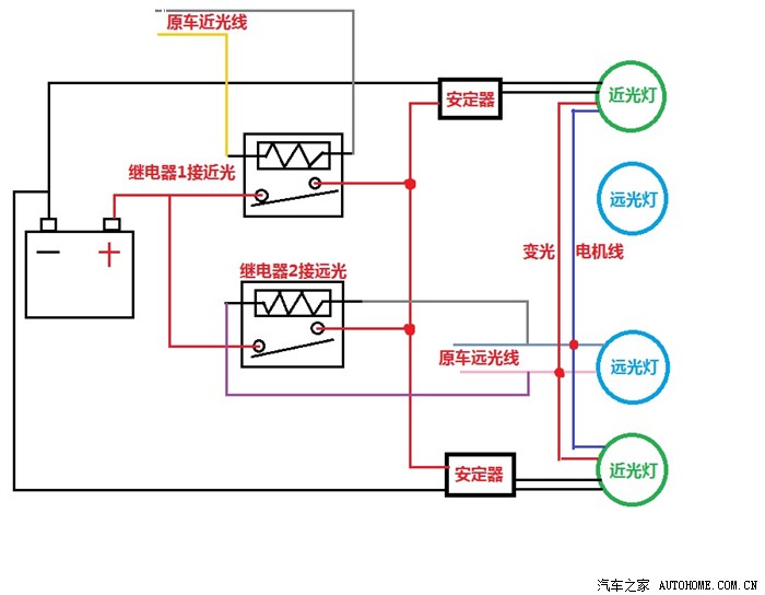 接线示意图如,需要两个12v 10a继电器