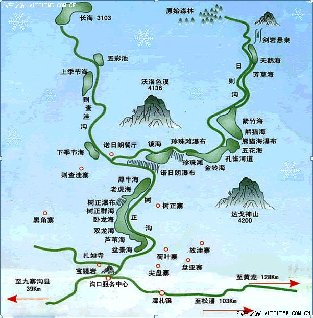 九寨沟导游图.我们先游原始森林一线,后游五华池长海.因沟内