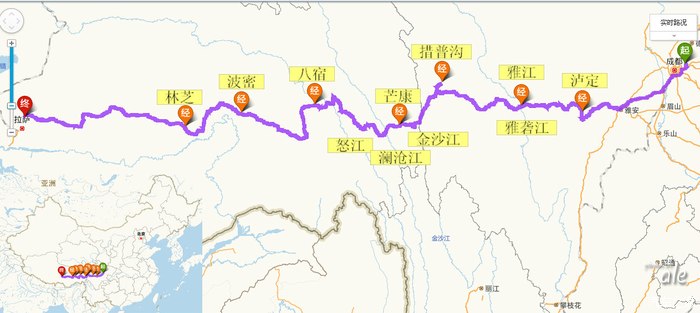 本次g318川藏线线路图,途经点是晚上住宿的地方,其中波密是露营.