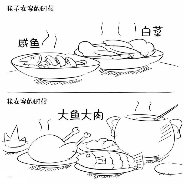 6.你不在家时咸鱼白菜,你在家时大鱼大肉