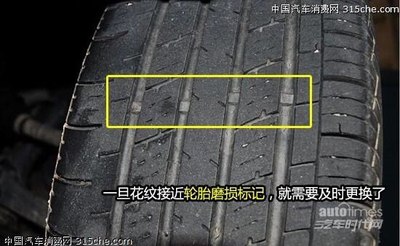 轮胎凹槽里面有几个这样的轮胎磨损标志,当轮胎表面花纹磨损到和这些