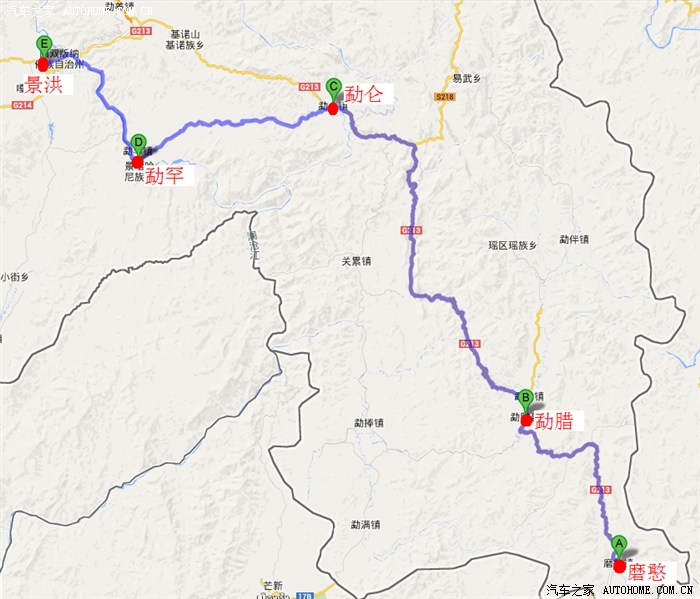 磨憨(小磨公路)—勐腊—勐仑(老g213)—勐罕—景洪.