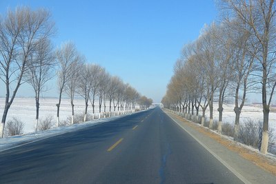 吳師傅把車修好了,我們前往哈爾濱,旅遊大篷車行駛在202國道上.