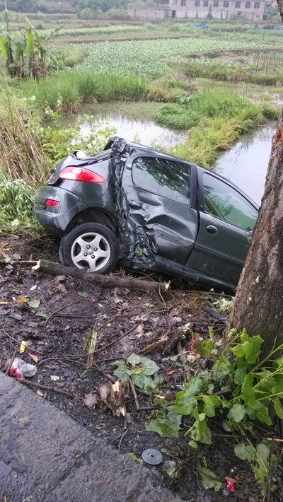 今天为了避让三轮车,撞树上了.