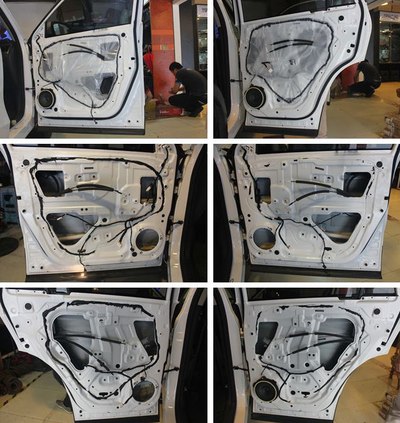 四门隔音开始,先拆下车门内饰板,我们可以看到防水塑料薄膜.